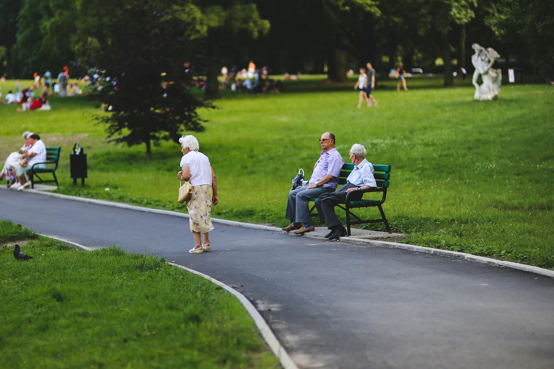 Senior walking in a park with friends
